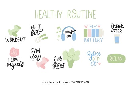 Healthy daily routine stickers set. Cute cartoon vector icons and lettering quotes for planning and motivation. Hand drawn flat printable stickers scrapbook for planner and bullet journal