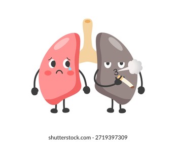 Comparación de caracteres pulmonares sanos y dañados. Pulmón rosado que llora y pulmón gris que fuma que representa la adicción, el cáncer de pulmón, la enfermedad respiratoria y los peligros de fumar. Concepto de dibujos animados moderno. Ilustración vectorial.