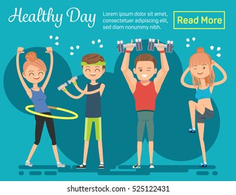 Healthy day. Poster Invites everyone to exercise. Characters make fit body. The dynamics of the sport.