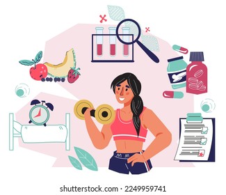 Healthy day schedule and Biohacking healthcare concept of banner. Health surveillance program and biohacking life extension technology, flat cartoon vector illustration isolated on white background.