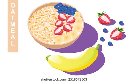 Tigela de aveia saudável e deliciosa com morangos frescos, mirtilos e fatias de banana - Uma ilustração nutritiva da ideia do café da manhã