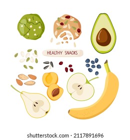 Healthy and delicious snacks. Matcha and oat coookies, fruits, berry. Homemade vegan baked pastries, healthy fruits. For lunch in park. Colored flat cartoon vector isolated for menu, cafe, restaurant