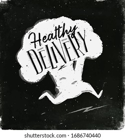 Healthy delivery with running broccoli and lettering drawing with chalk on chalkboard background