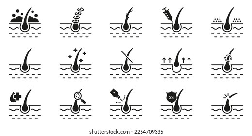 Healthy Dermatology Beauty Therapy for Epidermis Glyph Pictogram. Hair Loss, Growth, Transplant, Removal, Care Silhouette Black Icon Set. Hair Follicle Treatment Icon. Isolated Vector Illustration.