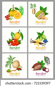 Healthy detox natural product of camu garcinia cambogia and maca. Carob, moringa, lucuma, coji berries, acai, guarana and noni. Vector illustration superfood berries and fruits poster template.