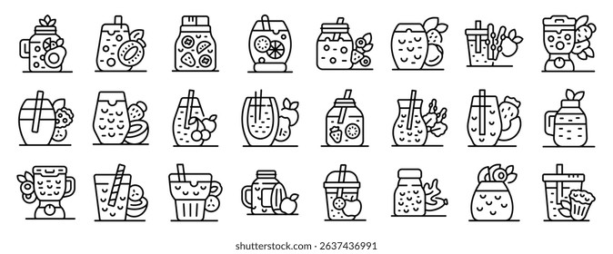 Healthy detox smoothie icons set. Line icons showcasing a variety of smoothie recipes, featuring fresh fruits, blenders, and diverse glassware