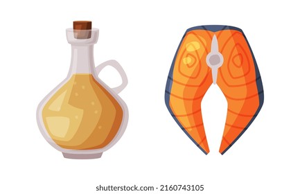 Healthy diet concept. Salmon fish and bottle of olive oil vector illustration