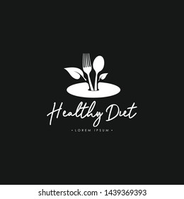 Healthy Diet with Cutlery Logo Template Vector in Black and White