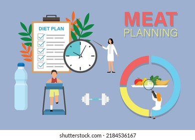 Dieta saludable y plan de ejercicio para perder peso diseño de ilustración de vector plana 2d