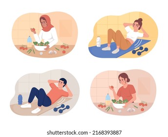 Dieta sana y ejercicio rutinario vector 2D aislado conjunto de ilustraciones. Personajes planos sobre el fondo de las caricaturas. Fitness y nutrición colorida colección de escena editable para móvil, sitio web, presentación