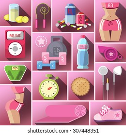 Healthy diet flat style illustration. Diet. Choice of girls: being fat or slim. Healthy lifestyle and bad habits. Icons. Healthy lifestyle, a healthy diet and daily routine. Vector flat illustration.