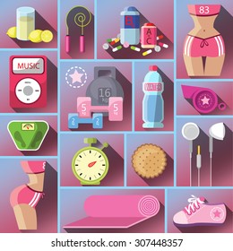 Healthy diet flat style illustration. Diet. Choice of girls: being fat or slim. Healthy lifestyle and bad habits. Icons. Healthy lifestyle, a healthy diet and daily routine. Vector flat illustration.