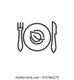 Healthy diet food line icon. linear style sign for mobile concept and web design. Fork knife and plate with leaf outline vector icon. Symbol, logo illustration. Vector graphics