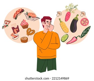 Healthy diet food vs junk snack, flat cartoon vector illustration isolated on white background. Banner with man making choice between healthy diet and unhealthy fast food. Nutrition healthy plan.