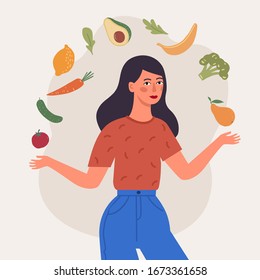 Healthy diet. Girl eating fresh fruits and vegetables. Hand drawn style vector design illustrations.
