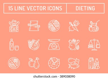 Healthy diet icons, rational nutrition, slimming loss weight, healthy lifestyle, balanced eating, organic vegetarian food