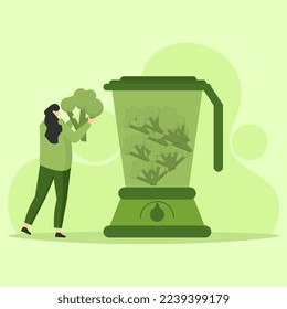 healthy diet illustration concept. Concept of fitness and diet food. Character drink protein and fresh vegetables smoothie shake with vitamins. Vector illustration.