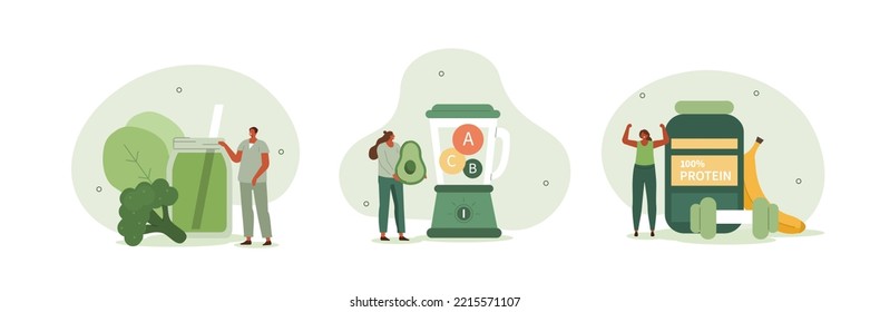 Healthy diet illustration set. Characters drinking protein and fresh vegetables smoothie shake with vitamins. Fitness and dieting food concept. Vector illustration.