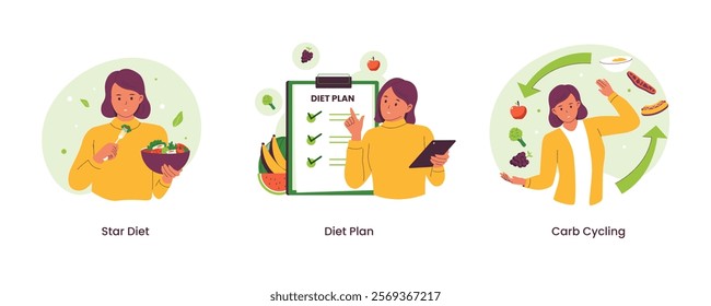 Healthy diet illustration set. woman diet, diet plan, carb cycling. Illustrations for websites, landing pages, mobile apps, posters and banners. Trendy flat vector illustrations