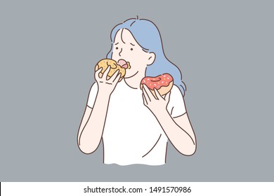 Healthy diet or junk food concept. Portrait of young depressed girl eating donuts. Simple flat vector.