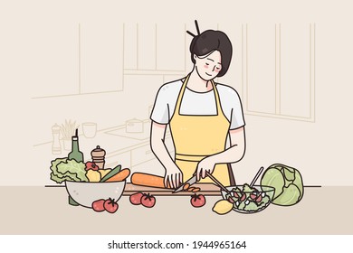 Healthy diet and lifestyle concept. Young smiling female cartoon character in apron standing in kitchen and cutting vegetables making healthy fresh salad for lunch vector illustration 