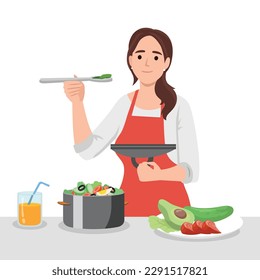 Healthy diet and lifestyle concept. Young smiling female cartoon character in apron standing in kitchen and cutting vegetables making healthy fresh salad for lunch. Flat vector illustration isolated o