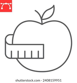 Healthy diet line icon, nutrition and fitness, apple with tape vector icon, vector graphics, editable stroke outline sign, eps 10.