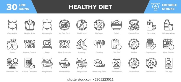 Healthy Diet Line Icon Set - Overweight, Protein Food, Exercise, Calorie Calculator Vector Illustration