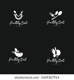 Healthy diet logo template vector in set in black and white. Diet logo concept on isolated black background