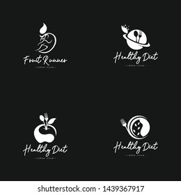 Healthy diet logo template vector in set in black and white. Diet logo concept on isolated black background