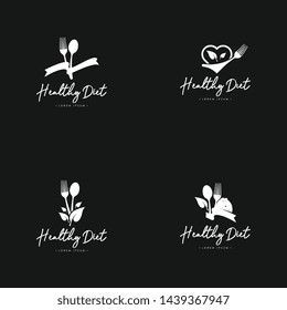 Healthy diet logo template vector in set in black and white. Diet logo concept on isolated black background
