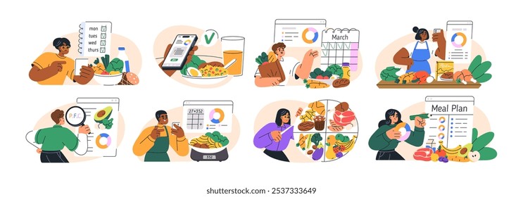 Dieta saludable, planificación de comidas, concepto de control de elección de alimentos. Seguimiento de calorías, cálculo de proteínas, grasas, carbohidratos. Nutrición y cálculo de PFC, conjunto. Ilustración vectorial plana aislada sobre fondo blanco