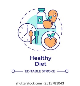 Icono de concepto multicolor de dieta saludable. Prevención del cáncer. Alimentación saludable. Hacer dieta. Nutrición equilibrada. Ilustración de línea de forma redonda. Abstractas idea. Diseño gráfico. Fácil de usar en el folleto