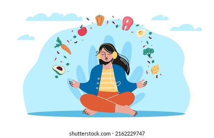 Healthy diet. Nutritional balance and harmony, girl sitting in lotus position, fresh vegetables and meat above, detox day, meal planning, mind wellness lifestyle vector isolated concept