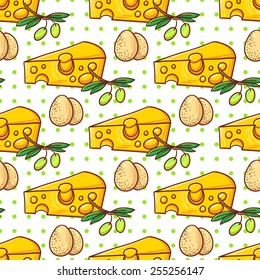 Healthy diet pattern.Cheese, olive and eggs endless textured background.