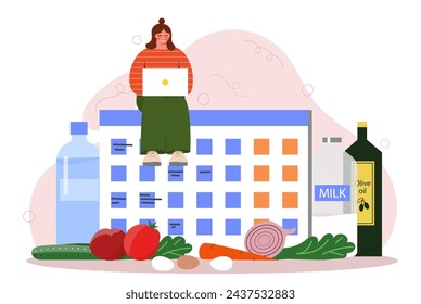 Healthy diet plan concept. Proper nutrition with vitamins. Woman with laptop planning her eating. Young girl near vegetables, tomato, carrot and eggs. Cartoon flat vector illustration