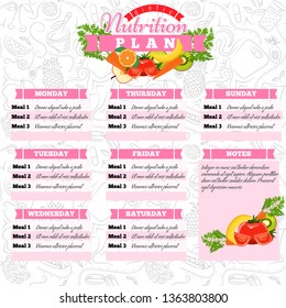 Healthy Diet Planning. Healthy Food And Weekly Meal Plan Schedule. Dietic Timetable. Vector Illustration.