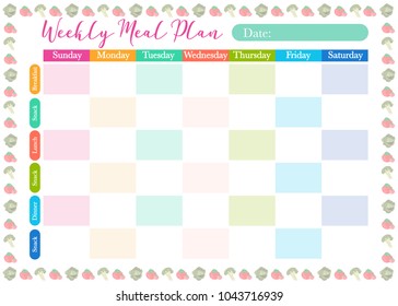 Healthy diet planning. Weekly meal plan. Healthy food. Printable planner. Vector illustration.