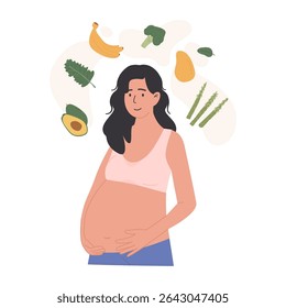 Dieta saudável para a mulher grávida com frutas e legumes frescos. Nutrição e bem-estar durante a gestação. Ilustração de vetor de estilo plano isolada no plano de fundo branco.