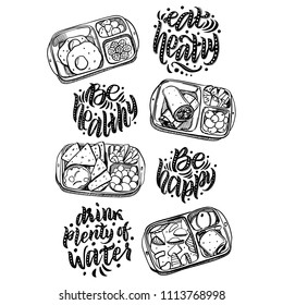 healthy diet. proper diet. healthy food. packing healthy food. lunch box sorting. set of illustrations and lettering. food preparation. planning and cooking