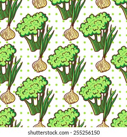 Healthy diet seamless seamless pattern. Broccoli and onion vegetable endless textured background.
