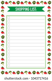 Healthy diet shopping. To buy list. Healthy food. Printable shopping list. Vector illustration.