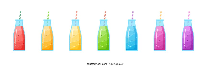 Healthy diet smoothie drink set vector illustration. Glass bottle with straw and layered fresh cocktail in rainbow colors collection isolated on white background for cafe smoothie banner