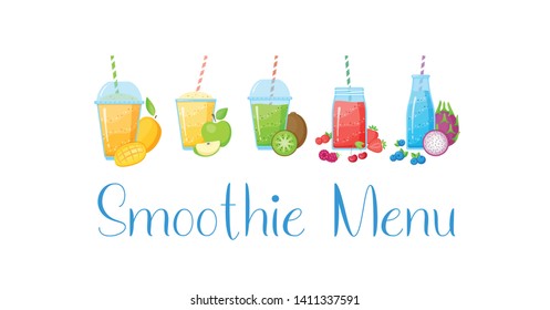 Healthy diet smoothie drink set vector illustration. Glass bottle, jar and glass isolated on white background with straw and layered fresh cocktail collection for cafe smoothie banner