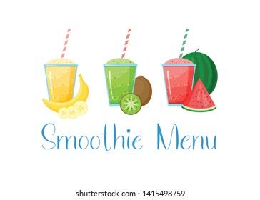 Healthy diet smoothie drink set vector illustration. Glass with straw and layered fresh cocktail in rainbow colors with collection of raw fruit isolated on white background for cafe smoothie banner