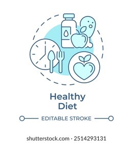 Ícone de conceito azul suave de dieta saudável. Prevenção do câncer. Alimentação saudável. Dieta. Nutrição equilibrada. Ilustração de linha de forma redonda. Ideia abstrata. Design gráfico. Fácil de usar no folheto