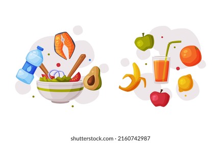 Dieta saludable y objetos deportivos. Productos útiles frescos, salmón, alimentos orgánicos frescos e ilustraciones vectoriales de jugo