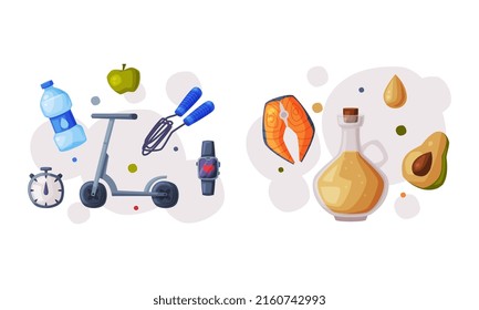 Healthy diet and sports objects set. Organic nutritious food and sports equipment vector illustration