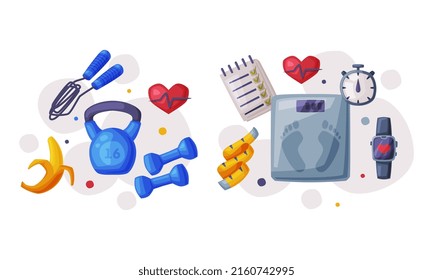 Dieta saludable y objetos deportivos. Ilustración vectorial de alimentos nutritivos y equipos deportivos saludables