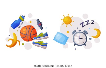 Healthy diet and sports objects set. Alarm clock, sports equipment and nutritious food vector illustration